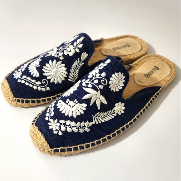 Soludos Blue White Embroidered Espidril Mule Flats Beach Boho Size 7.5 - Picture 2 of 10